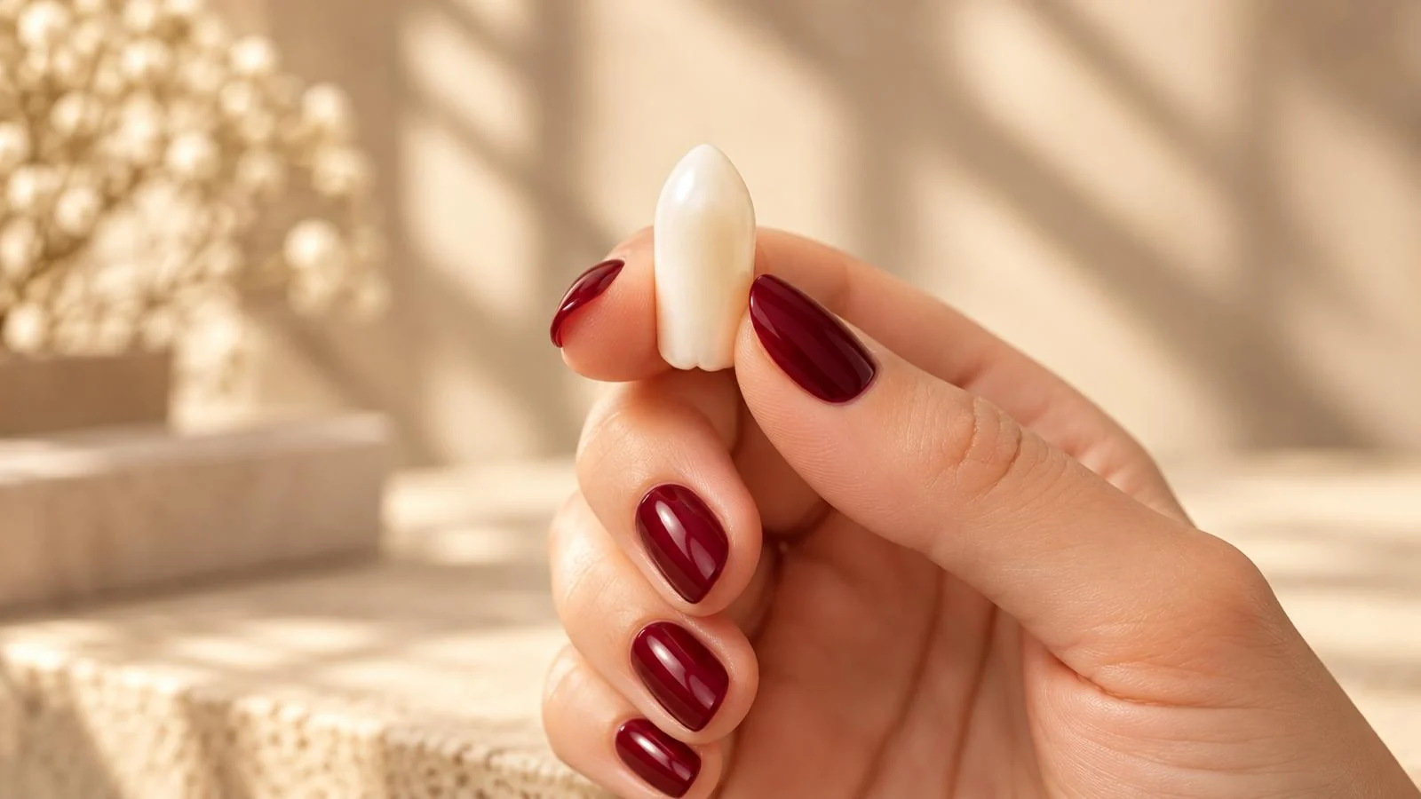 Een hand met een crèmekleurige Pearl in warm zonlicht